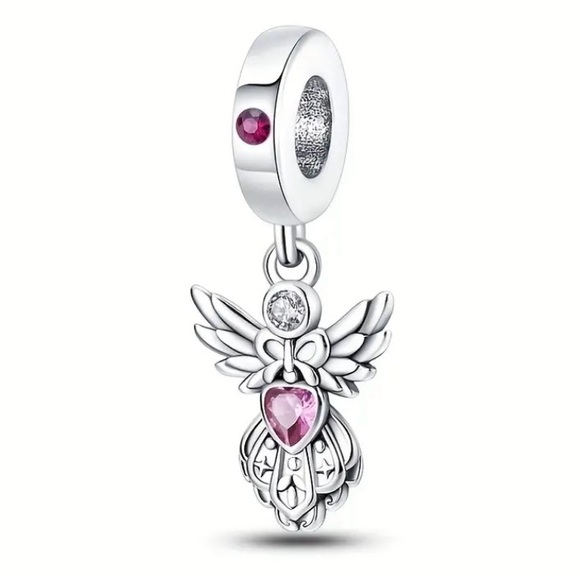 Jewelry - Sterling Silver Angel Charm Pendant with a Pink Gemstone Heart